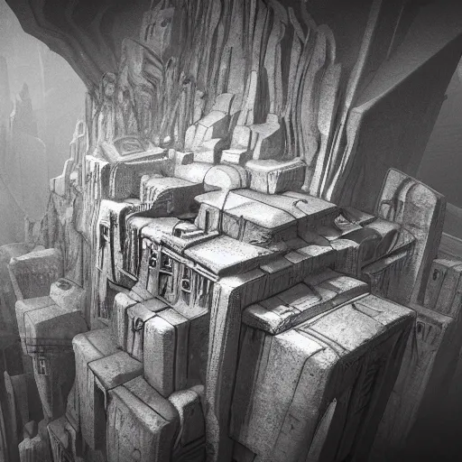 Image similar to inception lovecraft city carved from rock underground another inverted upside down above, artstation, cinematic warm volumetric lighting