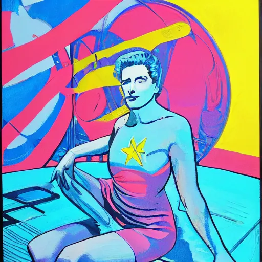 Prompt: a painting of a person sitting on a table, a silk screen by jack kirby, behance, psychedelic art, marvel comics, poster art, psychedelic