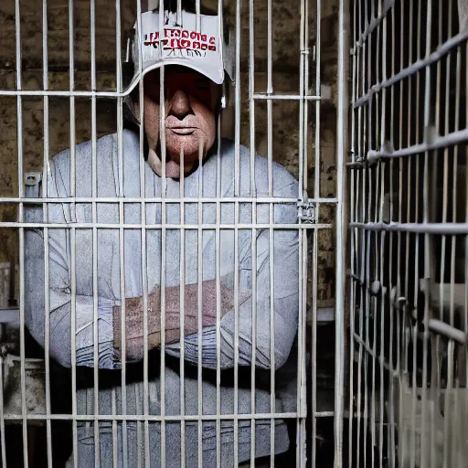 Prompt: donald trump in prison behind bars dressed in prison clothing