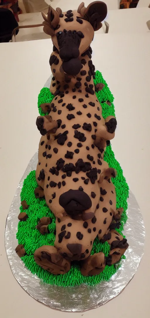 Image similar to birthday cake with a hyena sitting on top, hyena, hyena,