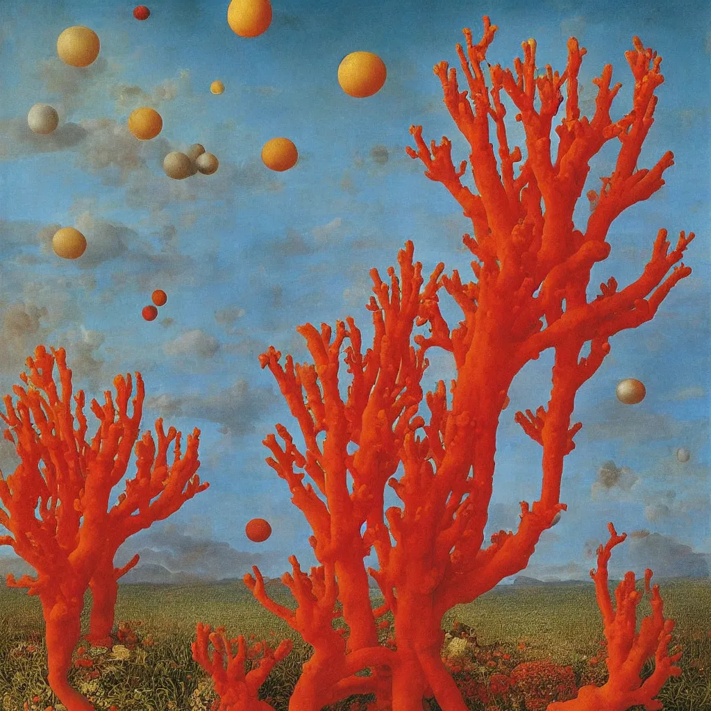 Image similar to a single! colorful! ( coral ) fungus tower clear empty sky, a high contrast!! ultradetailed photorealistic painting by jan van eyck, audubon, rene magritte, agnes pelton, max ernst, walton ford, andreas achenbach, ernst haeckel, hard lighting, masterpiece