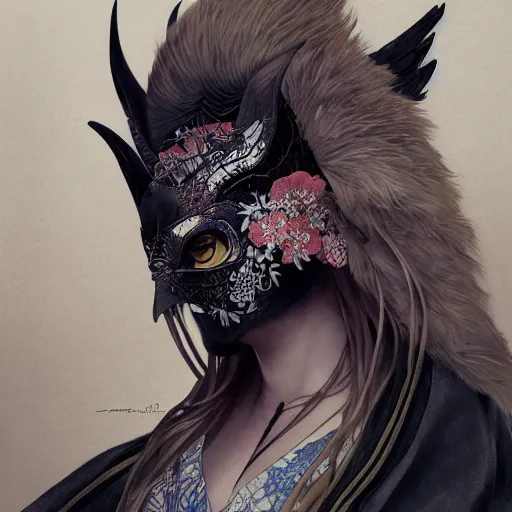 Image similar to a photorealistic dramatic fantasy render of a beautiful woman wearing a beautiful intricately detailed japanese crow kitsune mask and clasical japanese kimono by wlop, artgerm, greg rutkowski, alphonse mucha, beautiful dynamic dramatic dark moody lighting, shadows, cinematic atmosphere, artstation, concept design art, octane render, 8 k