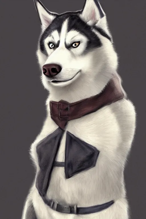 Image similar to a character design of a husky wearing a white vest, portrait painting, furry, humanoid, anthropomorphic, personify, anime