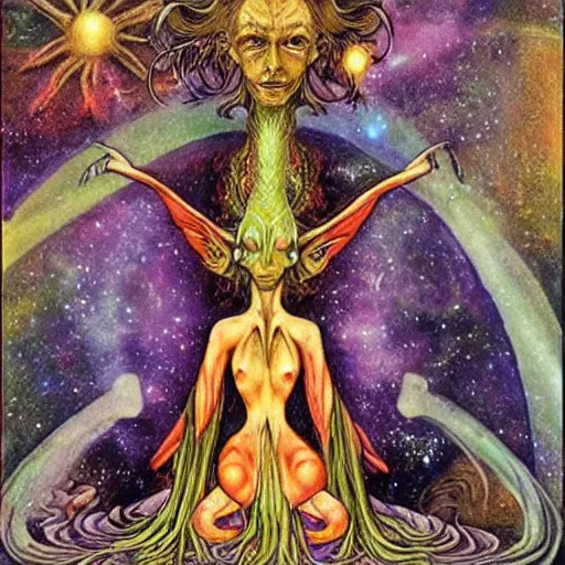 Image similar to ascending meditating elven princess, dmt shaman, surreal, alien, alien planet, space, galaxy by durer
