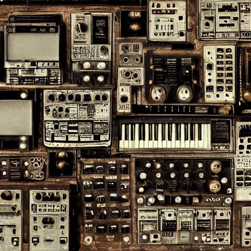 Prompt: “Collage of Old broken steampunk synthesizers with keyboard and audio meters. Lots of wires. Close-up. Scratched and torn old photographs”