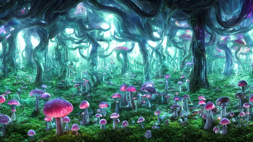 Prompt: exploring a mushroom forest, 8k, acid trip, hall of mirrors, ultra detailed, a hyperrealistic image of a mycelium forest with neon glowing mushrooms, with magical creatures, by tian gan, trending on patreon, artstation, deviantart. Unreal engine