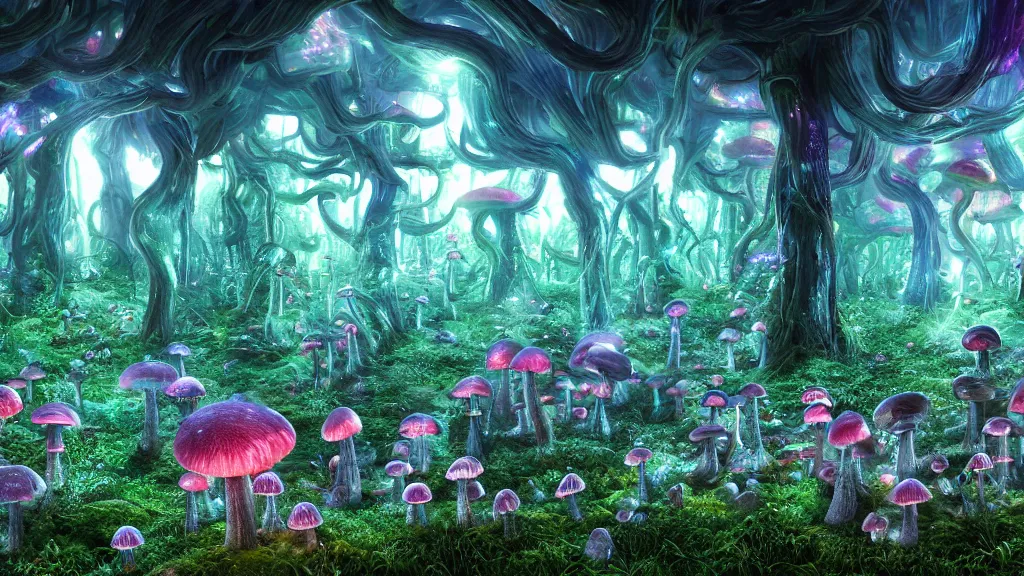 Image similar to exploring a mushroom forest, 8k, acid trip, hall of mirrors, ultra detailed, a hyperrealistic image of a mycelium forest with neon glowing mushrooms, with magical creatures, by tian gan, trending on patreon, artstation, deviantart. Unreal engine