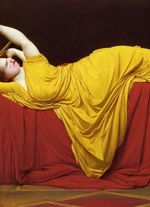 Prompt: masterpiece portrait of lady reclining on bed draping flowing raising rising sheets floating flying curling wearing yellow ochre ornate medieval dress, vertical, foreshortening, colour photography by frederic leighton, william morris, 8 k