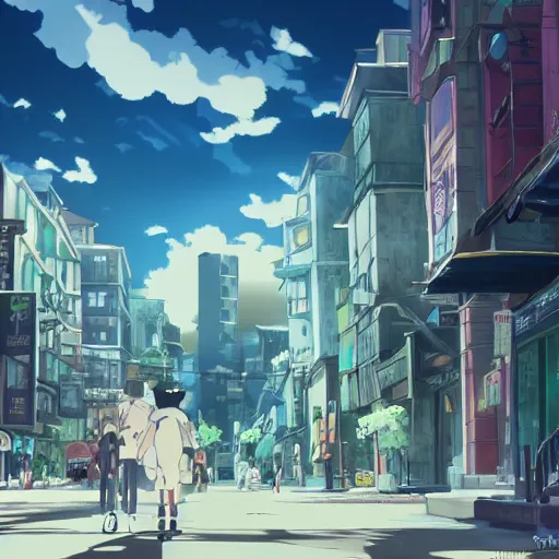 Prompt: cat anime in the city wallpaper, 4k, high details, volumetric dynamic lighting, motion blur, blur, trending on Artstation , award-winning, art by Studio Ghibli,