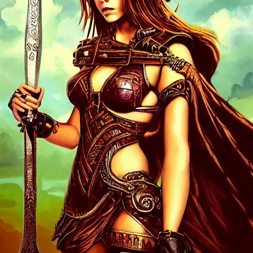 Prompt: barbara palvin posing as an amazon holding a sword, volcanic background, 1 9 8 0's art, retro art, airbrush style, intricate, elegant, sharp focus, illustration, highly detailed, concept art, matte, sharp focus