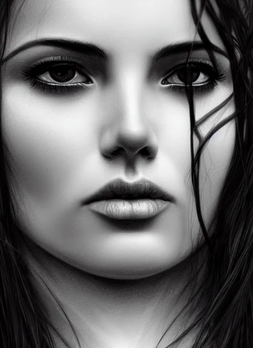 Image similar to up close portrait of a beautiful woman in black and white, photorealistic, intricate hair, art by diego fazio and diegoKoi and oscar Ukono, concept art, sharp focus, artgerm, 8k highly detailed