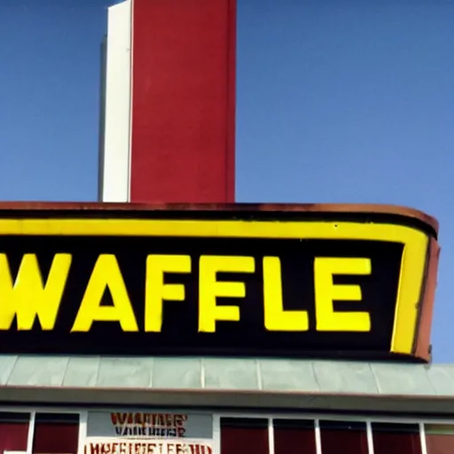 Image similar to wafflehouse employee's standing below wafflehouse sign