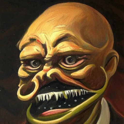 Image similar to a painting of an old man wearing a scary fleshy mask