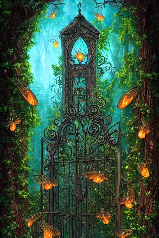 Prompt: a beautiful digital illustration painting of a detailed gothic fantasy fireflies forest trees and iron gate vines by lisa frank, james gurney, 8 k resolution trending on artstation concept art digital illustration