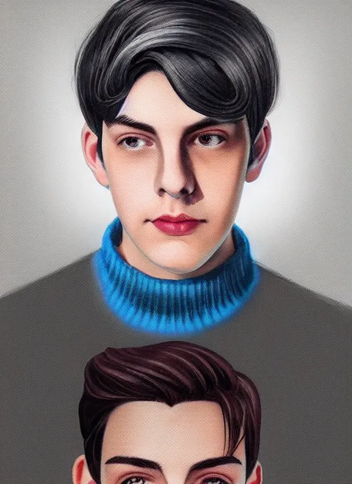 Image similar to portrait of teenage jughead jones wearing a light grey crown, crown, blue turtleneck, 1 9 5 0 s, closed eyes, photorealistic, black hair, glowing lighting, intricate, elegant, glowing lights, highly detailed, digital painting, artstation, concept art, smooth, sharp focus, illustration, art by wlop, mars ravelo and greg rutkowski