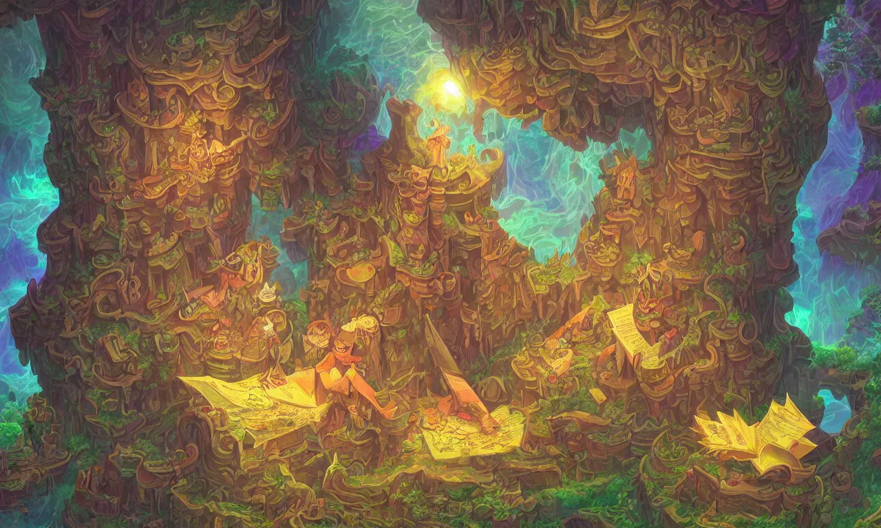 Image similar to large kerberos realm, wizard issues ticket close up, reading a directory, colorful ravine, 3 d art, digital illustration, perfect lighting