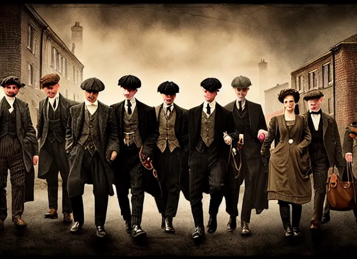 Image similar to peaky blinders crew made of shimps, poster, matte painting, 3 - d highly detailed, in the style of mark ryden,