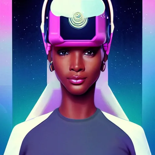 Prompt: 👩🏾🦱🛸, 8 0 s art deco, artstation, moebius + artgerm, hd,