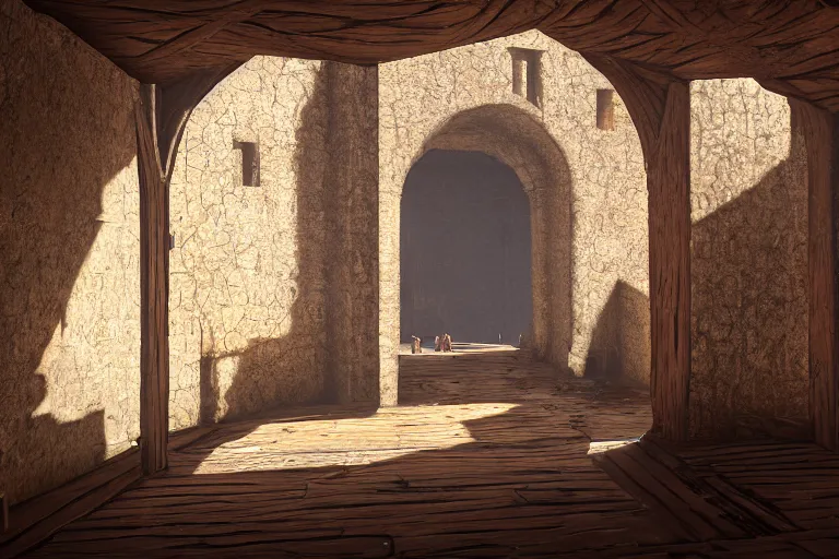 Prompt: dry arid delicious view from standing inside the interior dingy wooden fort tower window looking out at the bustling medieval town streets below atmospheric unreal engine hyperreallistic render 8 k concept art masterpiece screenshot from the video game assassin's creed odyssey 2 7 0 0 k global illumination