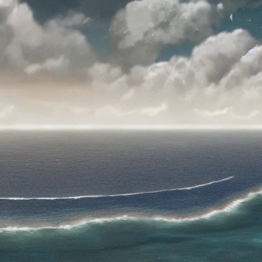 Prompt: An ocean!!!!! stretching as far as the eye can see, with overhead cloudy!!!!! skies, photorealistic imagery, grim atmosphere, disconsolate!!!!! and eerie art style, trending on arstation, 4k, 8k