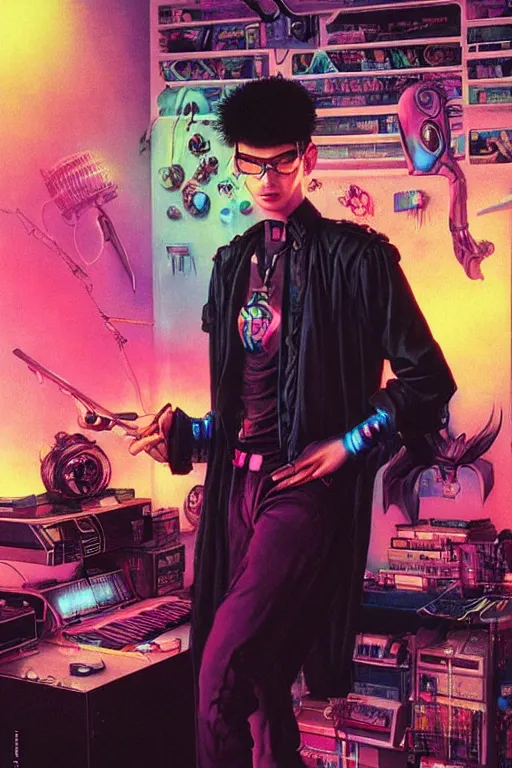 Image similar to portrait of a synthwave goth nerd guy in a cluttered 9 0 s bedroom, by artgerm, tom bagshaw, gerald brom, vaporwave!, vaporwave colors!, lo fi colors, lo fi, 4 k, hd, goth vibe, 9 0 s vibe