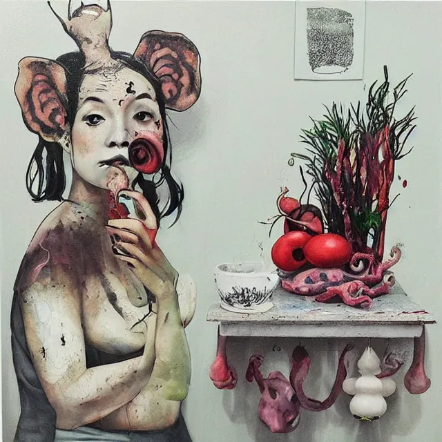 Image similar to “ a portrait in a female art student ’ s apartment, sensual, a pig theme, pork, art supplies, surgical iv bag, octopus, ikebana, herbs, a candle dripping white wax, japanese pottery, squashed berries, berry juice drips, acrylic and spray paint and oilstick on canvas, surrealism, neoexpressionism ”