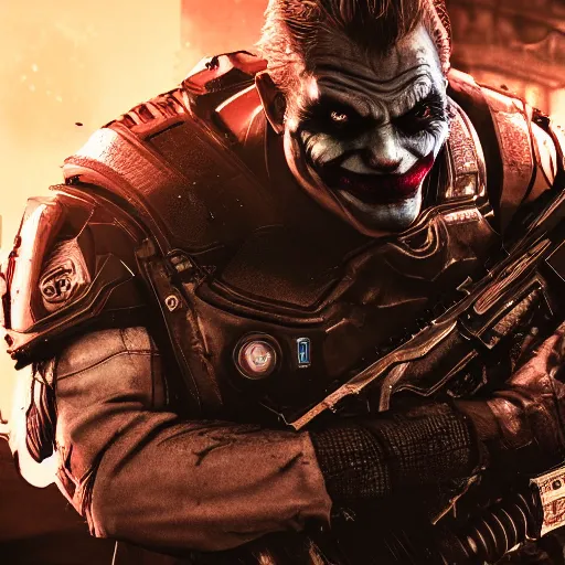 Image similar to the joker in gears of war, splash art, warzone, dystopian, movie still, cinematic lighting, dramatic, octane render, long lens, shallow depth of field, bokeh, anamorphic lens flare, 8 k, hyper detailed, 3 5 mm film grain