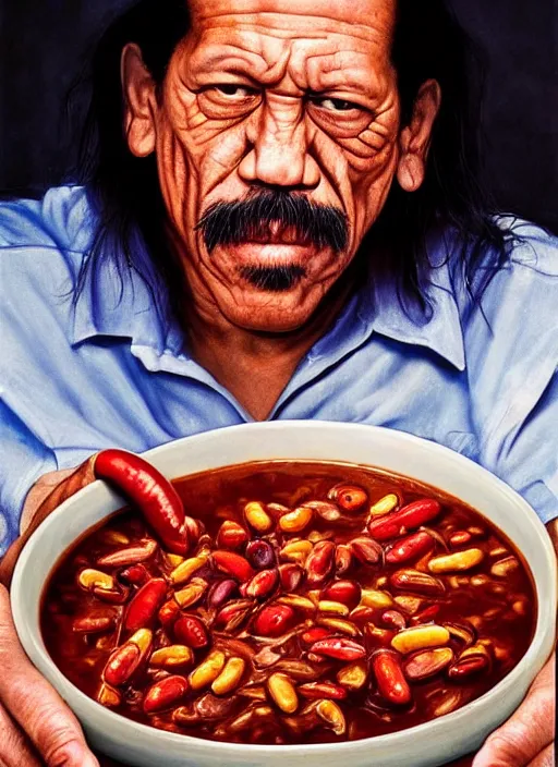 Prompt: ultrawide angle colour portrait masterpiece photography of danny trejo eating a bowl of chili shot by annie leibovitz michael cheval miho hirano moebius josh kirb