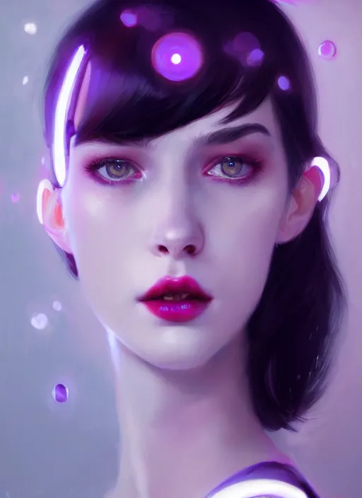 Image similar to portrait of pale teenage girl, red irises, black hair, white bangs, purple lipstick, intricate, elegant, glowing lights, highly detailed, digital painting, artstation, concept art, smooth, sharp focus, illustration, art by wlop, mars ravelo and greg rutkowski