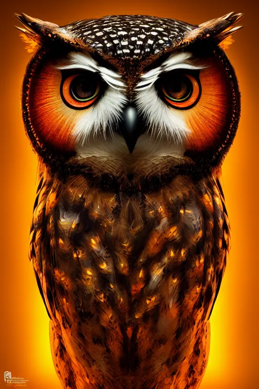 Prompt: portrait of an owl made out of amber. intricate artwork by tooth wu wlop beeple dan mumford concept art, octane render, trending on art station