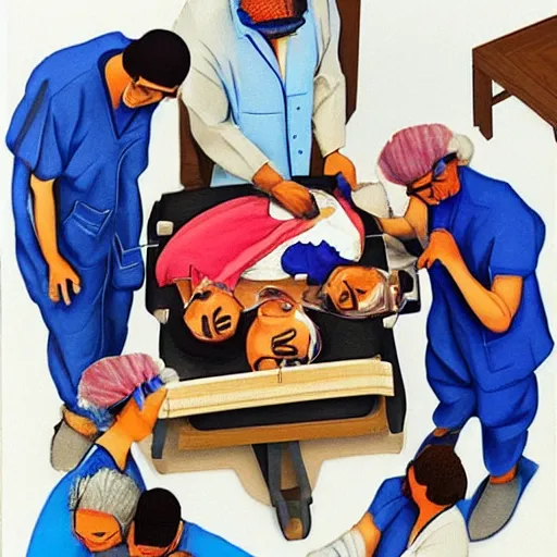 Prompt: A beautiful installation art of a team of surgeons gathered around a patient on an operating table, with one surgeon in the process of cutting into the patient\'s chest. The installation art is full of intense colors and brushstrokes, conveying the urgency and intensity of the surgery. aerial view, cubic zirconia by Charles Angrand perspective