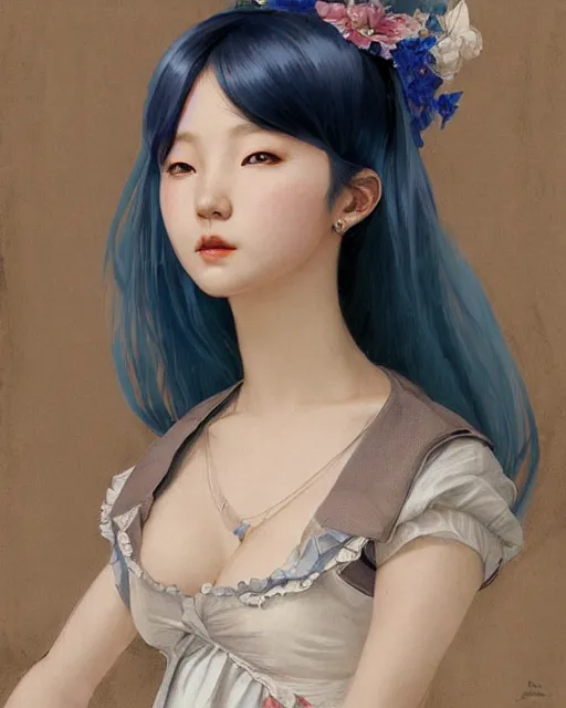 Image similar to symmetrical portrait of a pretty korean girl with blue hair dressed as a french maid digital painting, 8 k, concept art, art by wlop, artgerm, greg rutkowski and alphonse mucha