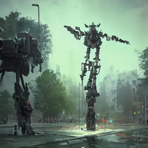 Image similar to six feet tall mech fighting in an urban environment, by gaudi, by ismail inceoglu, octane render, by weta digital, cinematic lighting, bump mapped, lumen reflections, action scene screenshot, epic scale, trending on artstation