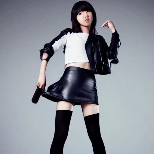 Image similar to a dynamic, epic cinematic 8K HD movie shot of a japanese young J-Pop idol girl wearing leather jacket, miniskirt, nylon tights and high heels boots. Motion, VFX, Inspirational arthouse