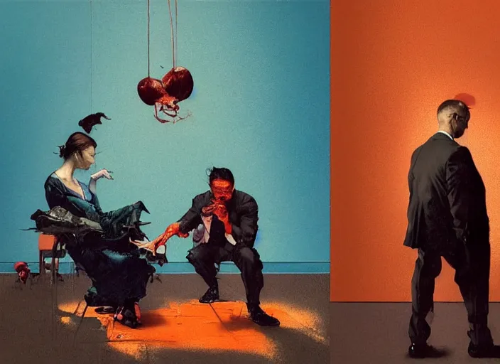 Prompt: a still from the movie million dollar baby nest by francis bacon and norman rockwell and james jean, and mark brooks, triadic color scheme, by greg rutkowski, syd mead and edward hopper and norman rockwell and beksinski, dark surrealism, orange and turquoise