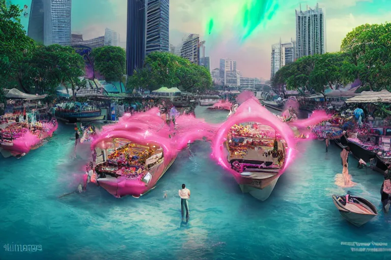 Image similar to futuristic floating markets of singapore river along boat quay turquoise and pink river during sakura tree season on thermal waters flowing down white travertine terraces during interstellar aurora borealis, gold waterfalls, vendors, festivals, fun, by peter mohrbacher, james jean, james gilleard, greg rutkowski, vincent di fate, rule of thirds, octane render, beautiful landscape