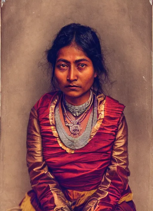 Prompt: hyper realistic and detailed vintage portrait photo of a beautiful beautifully lit nepalese Victorian woman with stunning reflective eyes in a himalayan valley by annie leibovitz