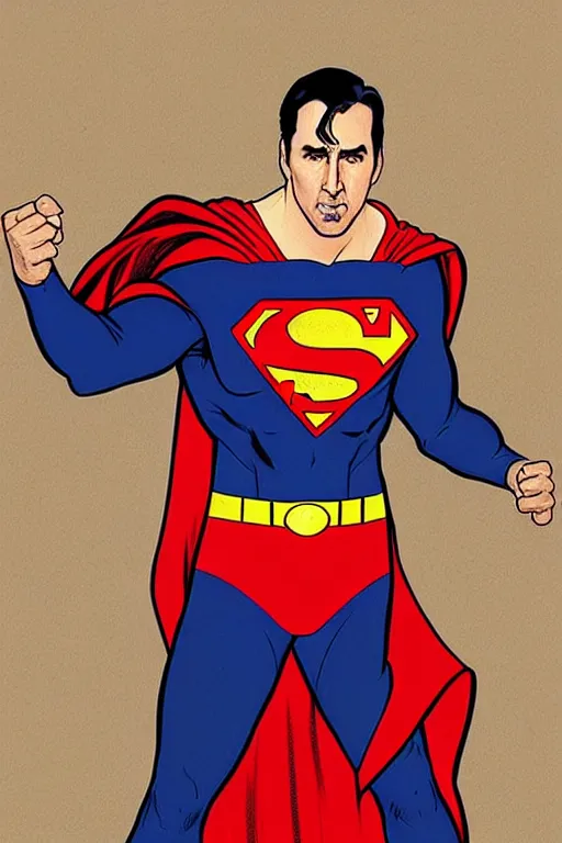 Image similar to nicholas cage as superman, in the style of art by artgerm and greg rutkowski and alphonse mucha