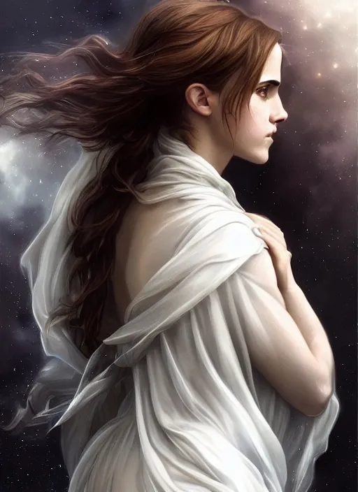 Prompt: emma watson as dark magic celestial, long hair, white and transparent cloth, space, D&D, shiny background, intricate, elegant, highly detailed, digital painting, artstation, concept art, smooth, sharp focus, illustration, artgerm, bouguereau