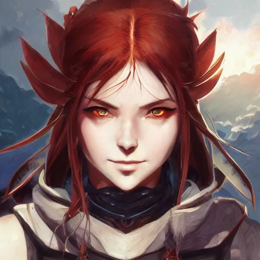 Image similar to A close-up anime portrait of Enji Night as Aela the Huntress from Skyrim, by Stanley Artgerm Lau, WLOP, Rossdraws, James Jean, Andrei Riabovitchev, Marc Simonetti, and Sakimichan, tranding on artstation