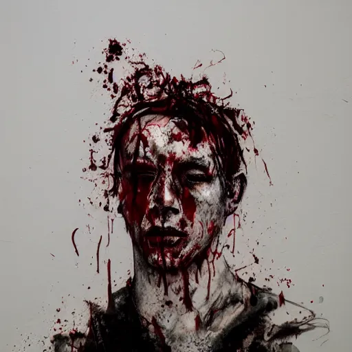 Prompt: matte portrait of a depressed young man covered in dirt and blood, by Antony Micallef by Camille Rose Garcia