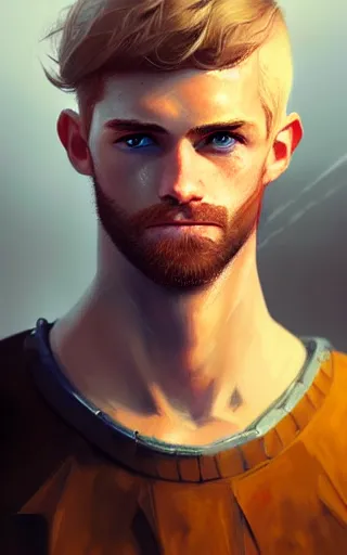 Image similar to a rugged young knight with blonde hair and blue eyes and a short beard and a scar under his left eye by Greg_Rutkowski, realistic, detailed, masterpiece, ArtStation