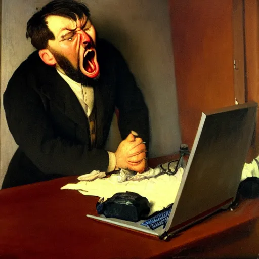 Image similar to an angry man yells at his computer monitor, oil on canvas, 1 9 0 1