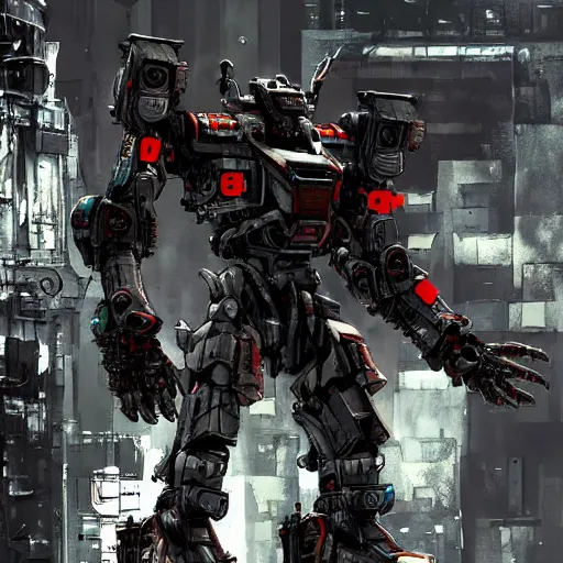 Image similar to a post-apocalyptic cyberpunk grimdarka mecha in the style of leonard boyarsky in the style of Yoji Shinkawa detailed realistic HD 8k High Resolution