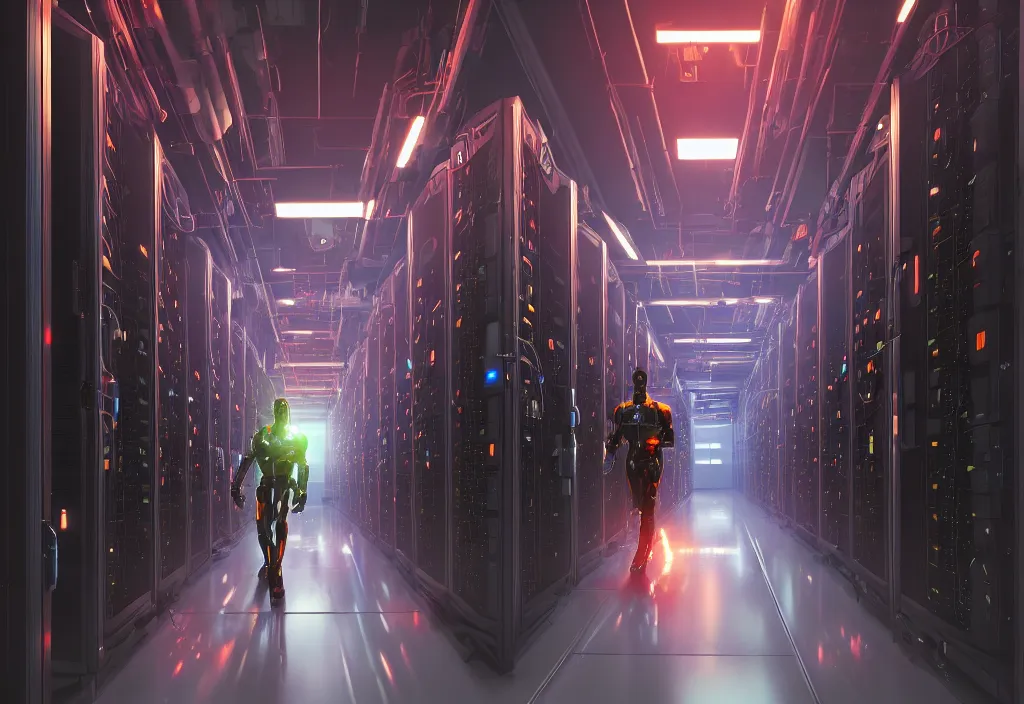 Image similar to shot of film cyborg walking in detailed server room in data center, character design, great composition perspective, vivid color, complementary color, detailed, sharp lines, trending on artstation, volumetric lighting, dramatic lighting by yoichi hatakenaka, cyberpunk art by asher brown durand