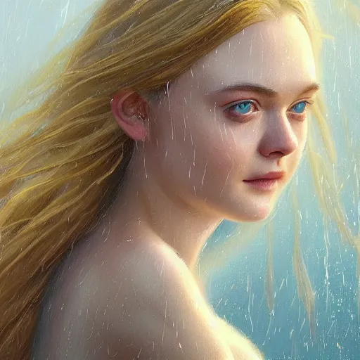 Image similar to professional painting of Elle Fanning in Santorini in the style of Craig Mullins, head and shoulders portrait, symmetrical facial features, smooth, sharp focus, illustration, intricate, stormy weather, extremely detailed masterpiece,