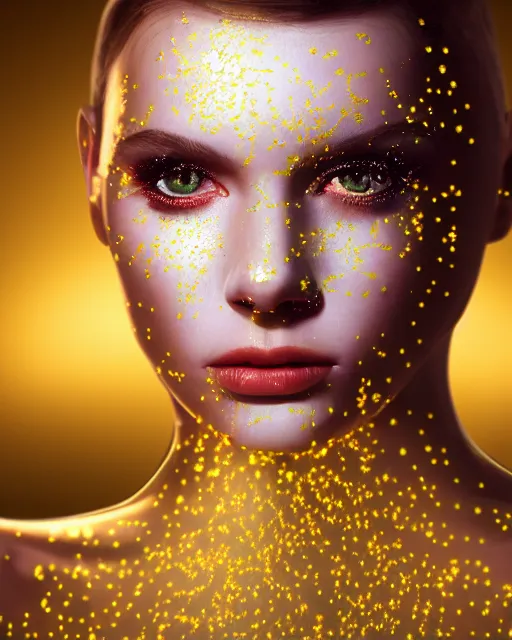 Image similar to pearl skinned dancer, golden droplets on her face, chessboard pattern clothes, full body picture, crystal eyes, perfect face, atmosphere, glowing, radiant, dancing in the mud, cinematic lighting, high quality, perfect, 8 k high detail, masterpiece, trending on artstation, by ken wong