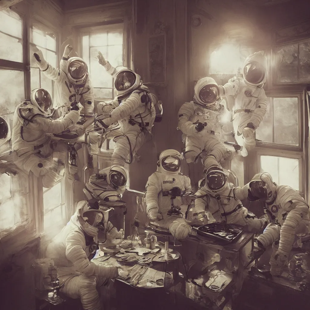 Image similar to 3 cosmonauts in a spacesuit drinks a steaming cup of tea at an old wooden desk in a richly decorated victorian house. the autumn light comes in through a window and dimly illuminates the room, diffuse light, octane render