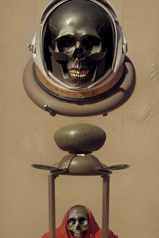 Image similar to portrait of a skull astronaut in samurai helmets an ancient human species, single person, by bouguereau