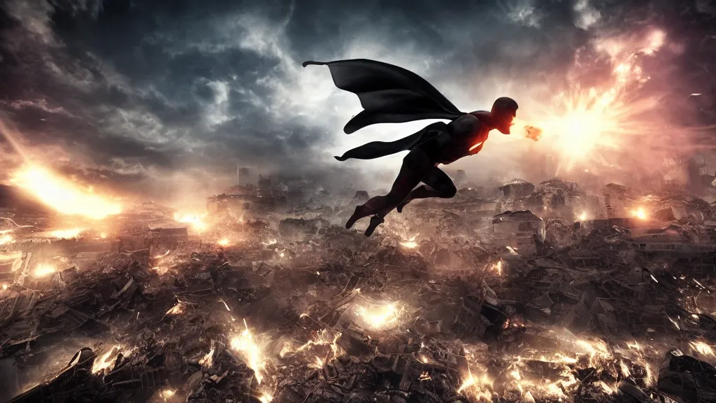 Prompt: superhero flying at a destroyed city, dark image, great lighting, cinematic.